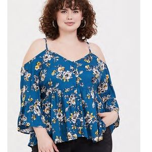 BLUE FLORAL COLD SHOULDER BABYDOLL BLOUSE